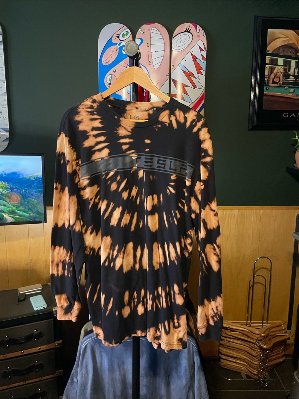 Tesla official merch Long Sleeve Tie-Dye Shirt - Black & Orange